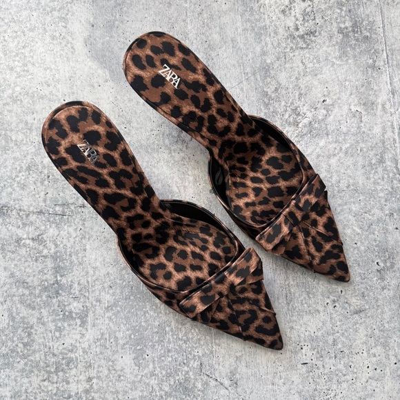 Zara Satin Leopard Mules 39 - Picture 2 of 8